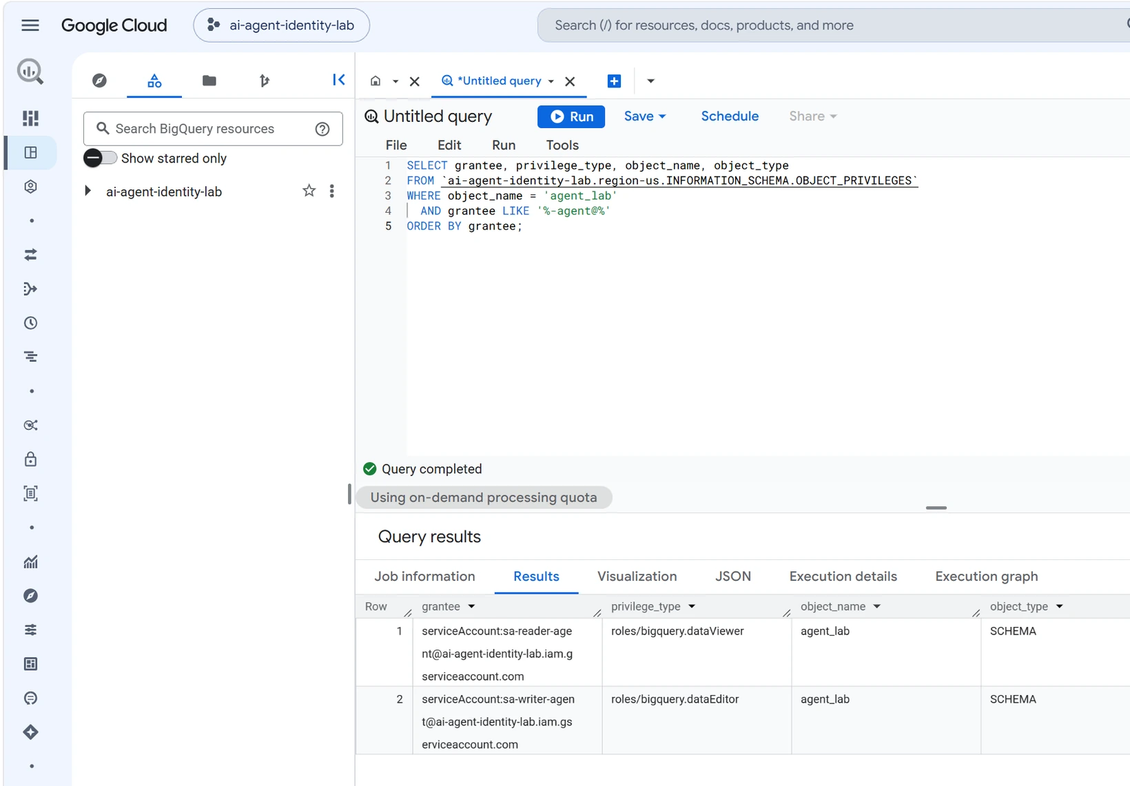 BigQuery console with the privileges query and its two-row result