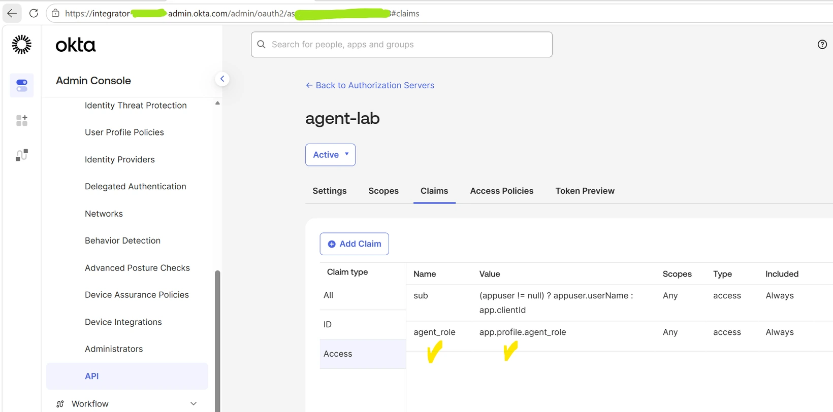 The Claims tab of the custom Authorization Server showing the agent_role claim