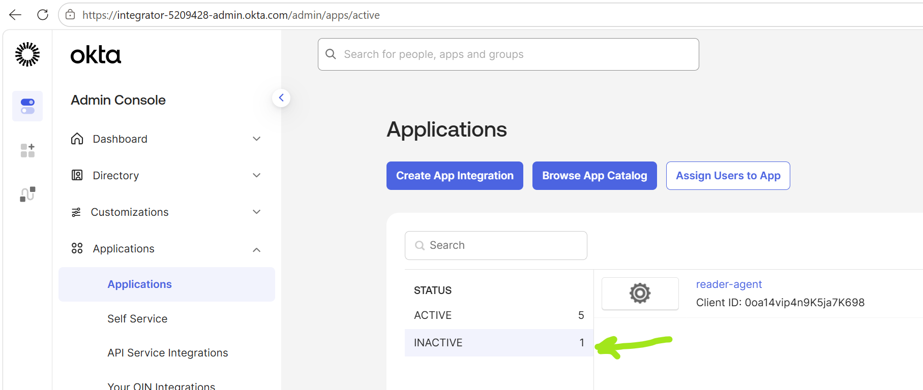 Okta Applications list showing reader-agent as inactive
