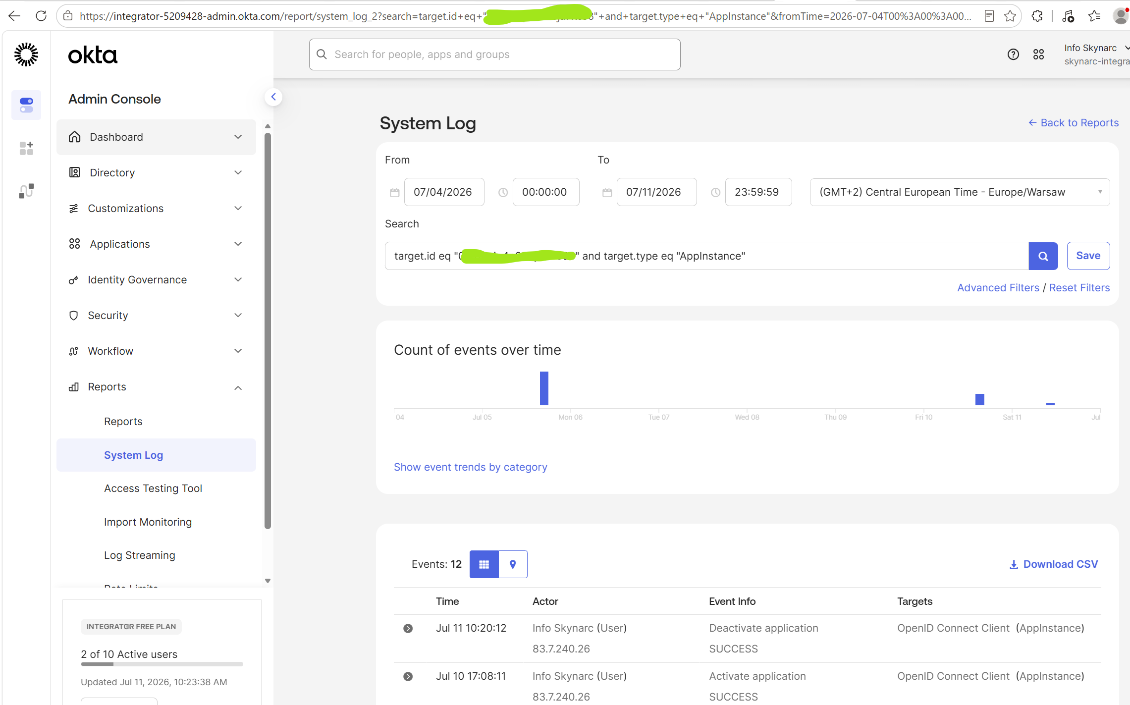 Okta System Log showing a Deactivate application event