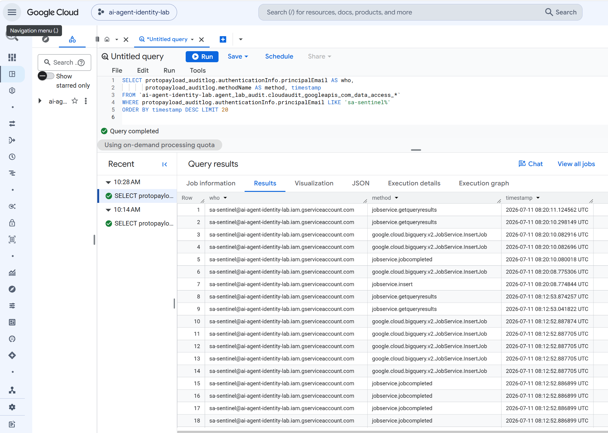 BigQuery console with sa-sentinel running the detection query